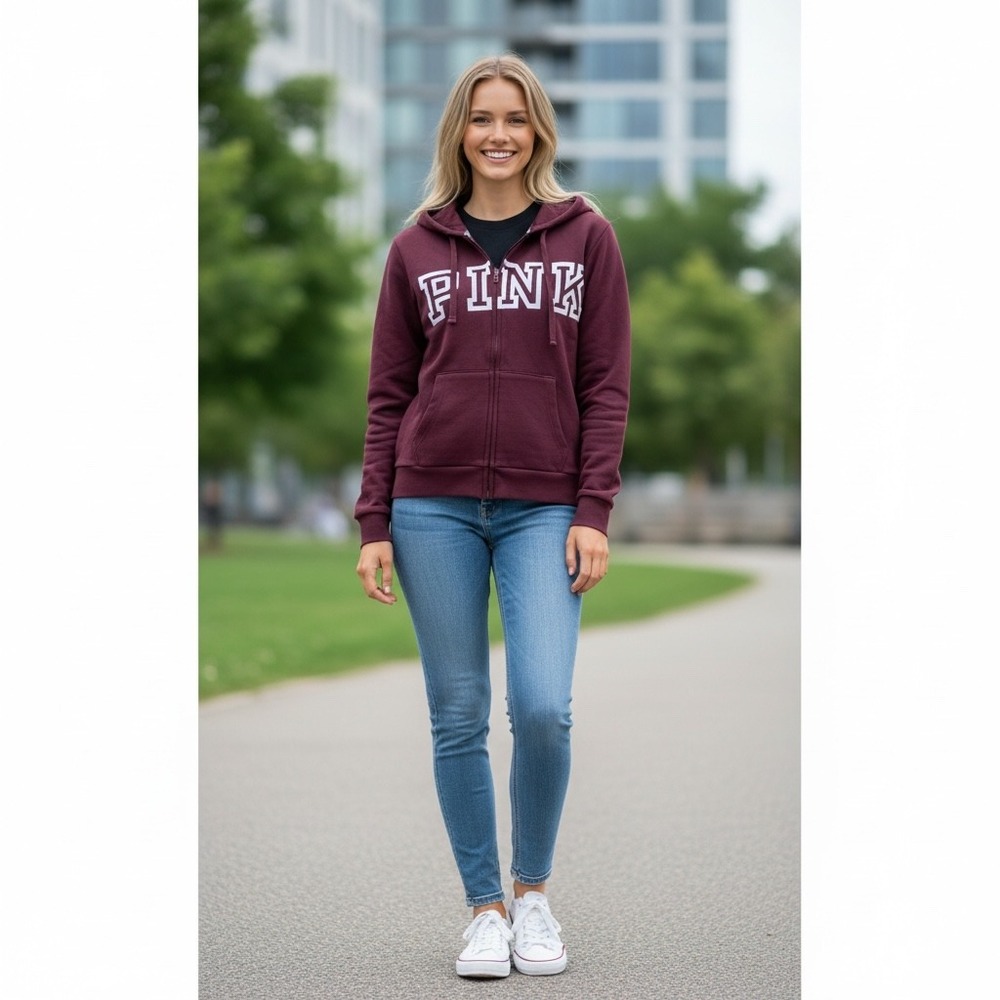 PINK Retro‎ Victoria's Secret Zip Hoodie Sweatshirt Burgundy Logo Y2K Preppy L